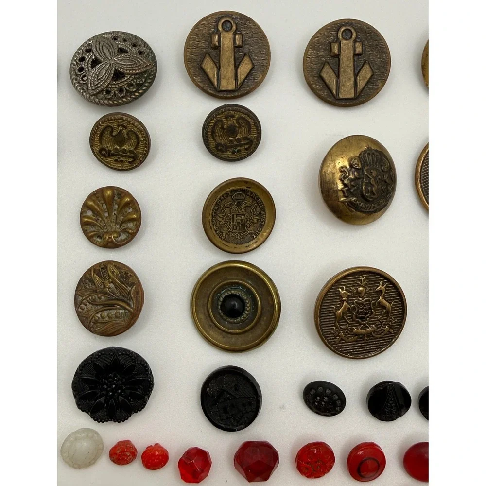 Vintage and Antique Button Lot Mixed Materials Brass Glass Military 60+ Pieces
